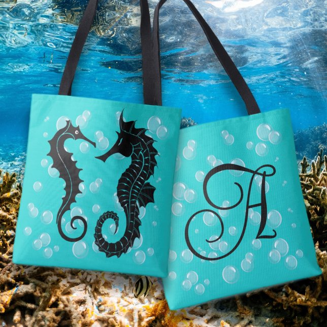 Tote Bag Monogramme initial des hippocampes noirs (Créateur téléchargé)