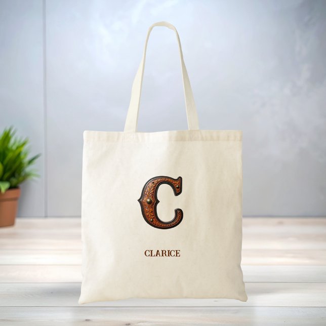 Tote Bag Monogramme Initial en Cuir Occidental Travaillé C (Créateur téléchargé)