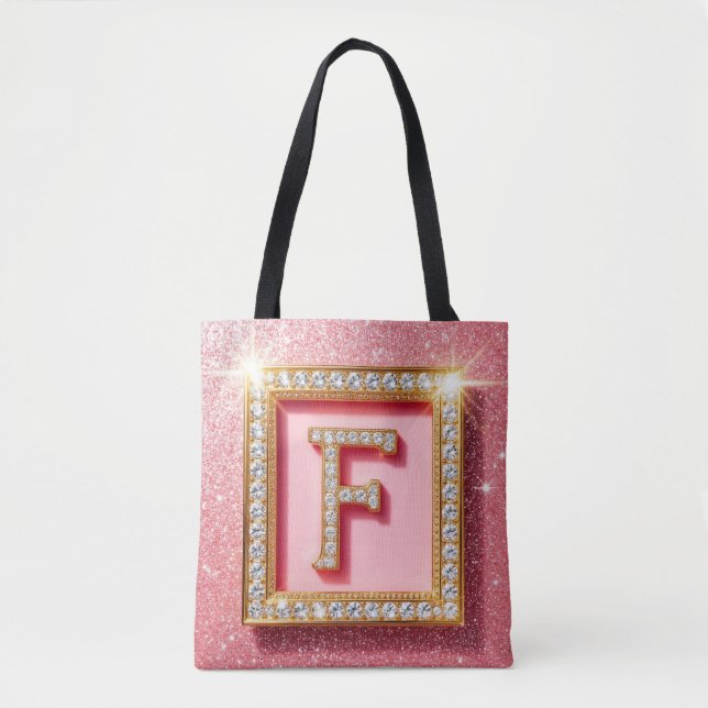 Tote Bag Monogramme initial F diamant pailleté rose cadre o (Devant)