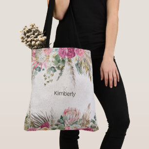 Tote Bag Monogramme Initial Floral Bohème Pastel Neutre