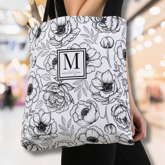 Tote Bag Monogramme Initial Floral Élégant (Elegant Floral Initial Monogram Tote Bag)
