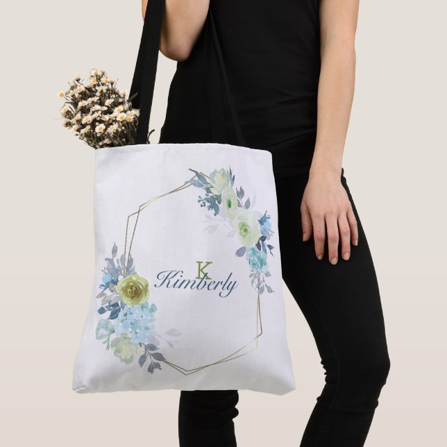 Tote Bag Monogramme Initial Floral Jaune Vert Bleu Clair (De près)