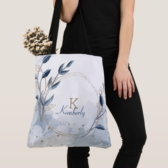Tote Bag Monogramme initial floral moderne or et bleu (De près)