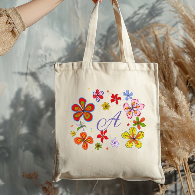 Tote Bag Monogramme Initial Illustré de Fleurs Amusantes (Créateur téléchargé)