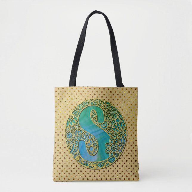 Tote Bag Monogramme Initial Moderne Lettre Dorée et Turquoi (Devant)