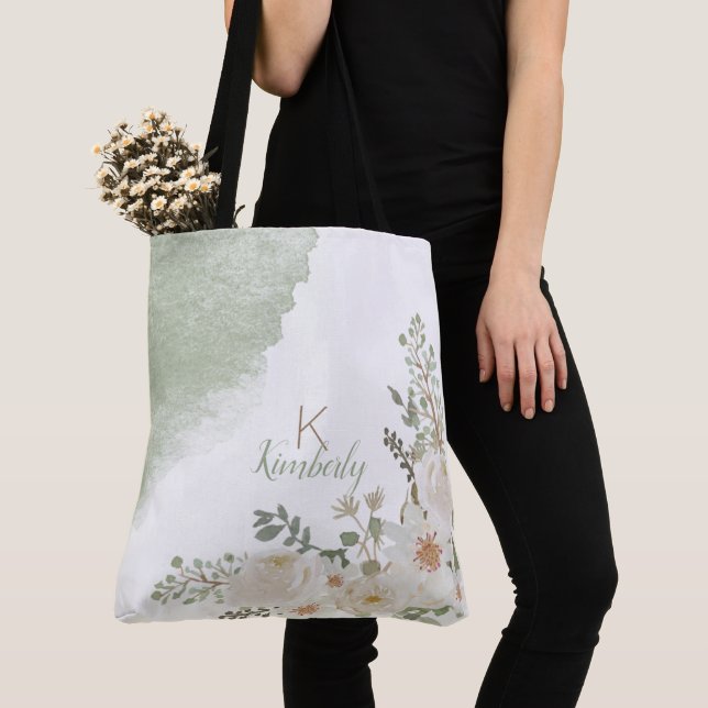 Tote Bag Monogramme Initial Nom Floral Élégant Blanc (De près)