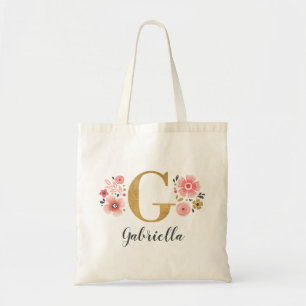 Tote Bag Monogramme Initial Nom Floral Rose Tendance