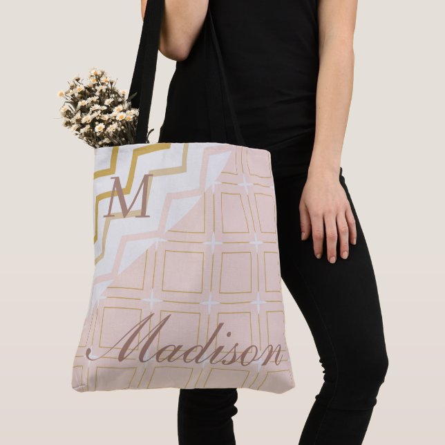 Tote Bag Monogramme Initial Nom Tendance Géométrique Pêche (De près)