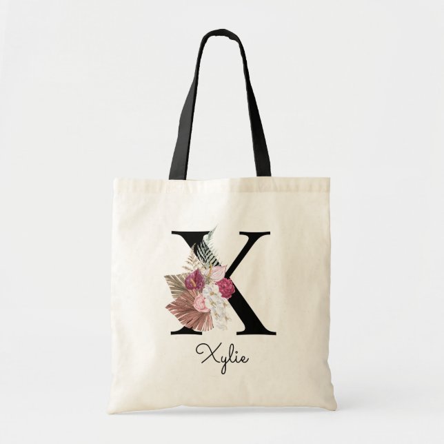 Tote Bag Monogramme initial S rose Boho Floral (Devant)