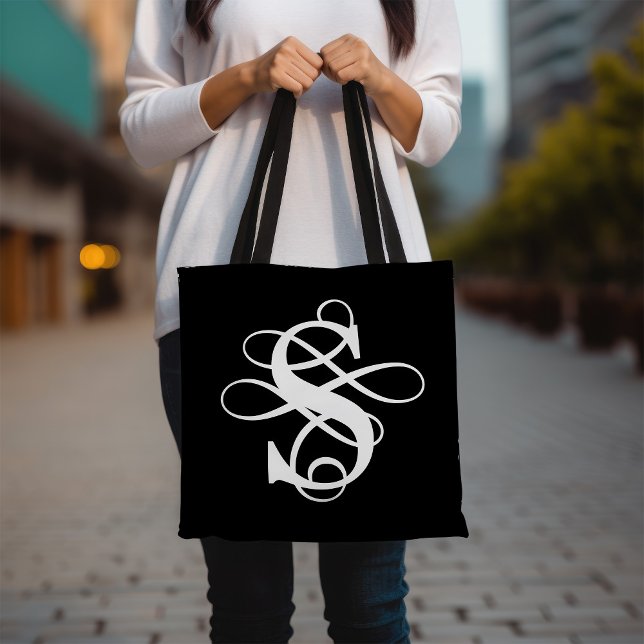 Tote Bag Monogramme initial Tourbillonnant noir et blanc (Créateur téléchargé)