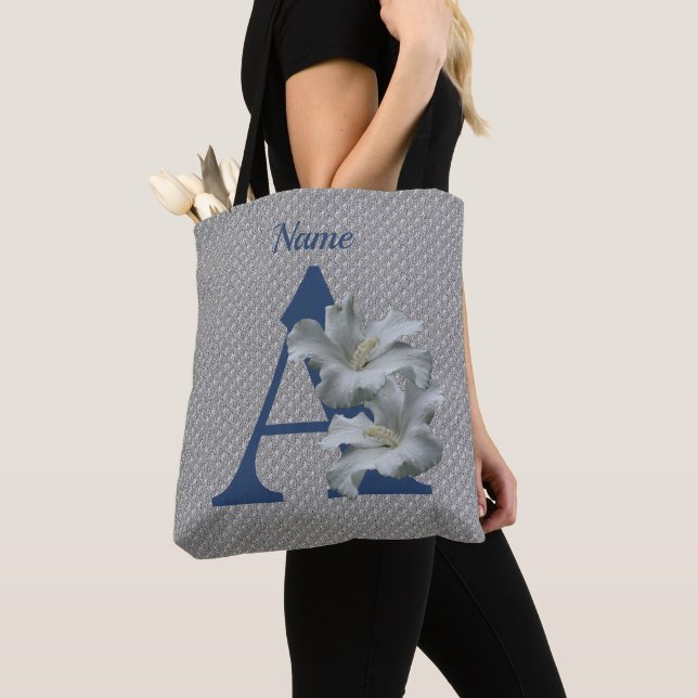 Tote Bag Monogramme initiale A fleur d'Hibiscus personnalis (De près)