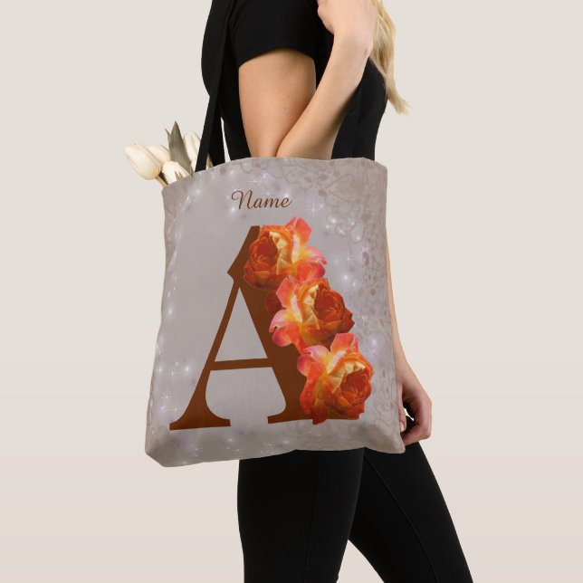 Tote Bag Monogramme Initiale A Personnalisé Rose Orange (De près)