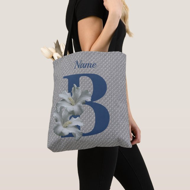 Tote Bag Monogramme initiale B fleur d'Hibiscus personnalis (De près)