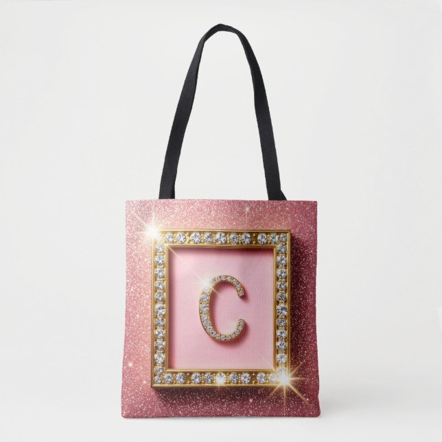Tote Bag Monogramme Initiale C Diamant Paillettes Roses Cad (Devant)