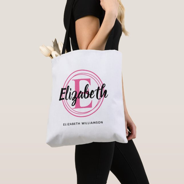 Tote Bag Monogramme initiale de script rose chaud tendance (De près)