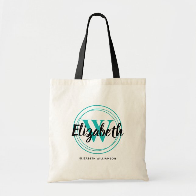 Tote Bag Monogramme initiale de script turquoise chic (Devant)