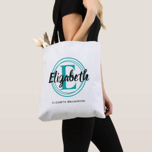 Tote Bag Monogramme Initiale Turquoise de Mode Nom de Scrip
