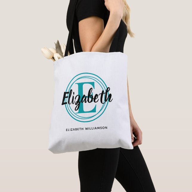 Tote Bag Monogramme Initiale Turquoise de Mode Nom de Scrip (De près)