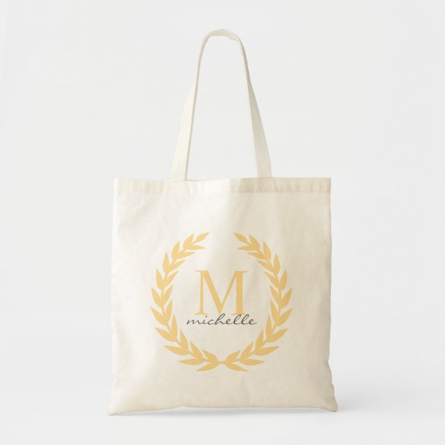 Tote Bag Monogramme jaune de cadre de laurier (Devant)