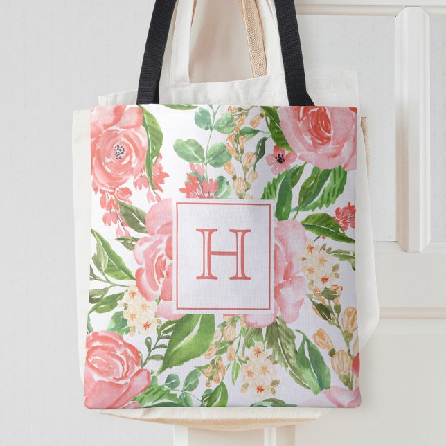 Tote Bag Monogramme joli aquarelle rose rose couleur pêche (Créateur téléchargé)