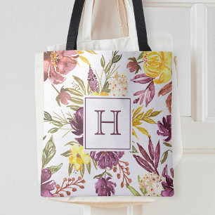 Tote Bag Monogramme joli floral pourpre marron aquarelle
