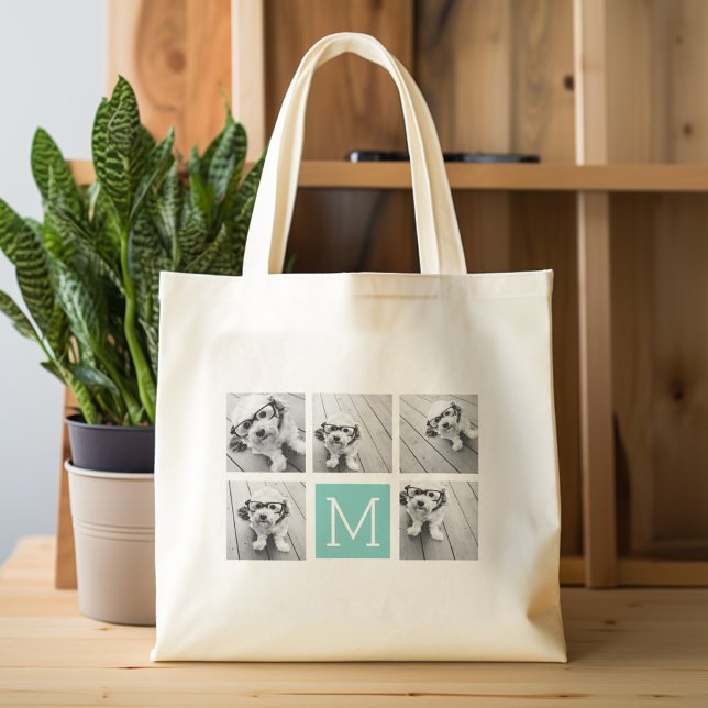 Tote Bag Monogramme - Jusqu'à 5 photos Turquoise (Personalized tote bag with photos and custom text)