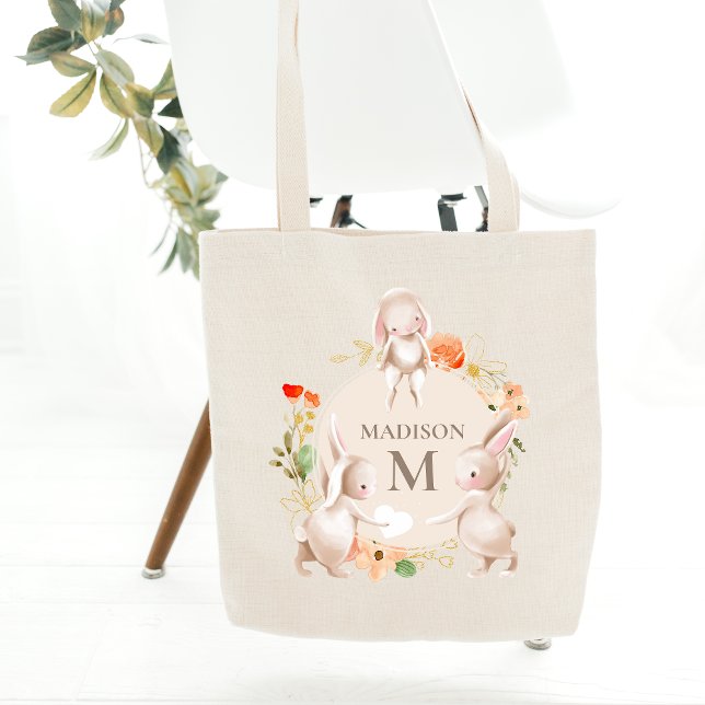 Tote Bag Monogramme Lapin lapins Floral Pâques Personnalisé (Créateur téléchargé)
