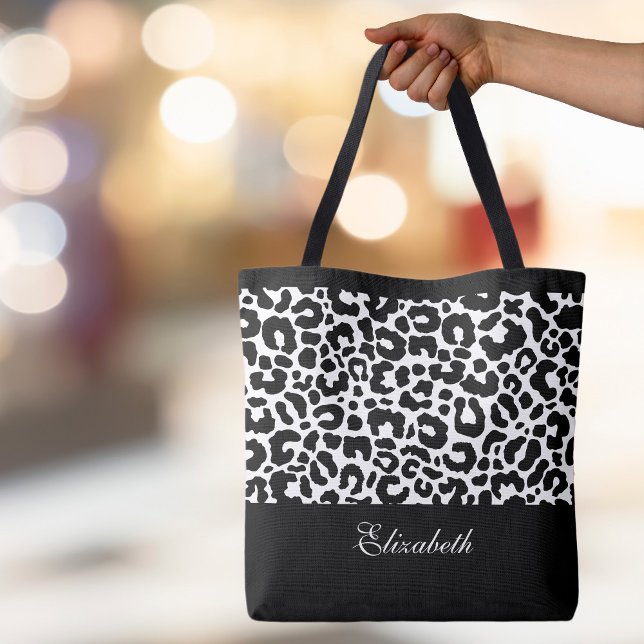 Tote Bag Monogramme Léopard Moderne Noir Blanc Chic   (Cute Leopard Animal Pattern Custom Stylish Calligraphy Black & White Chic Canvas Shopping Tote Bag)