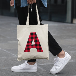 Tote Bag Monogramme lettre A gras carreau bison rouge et no