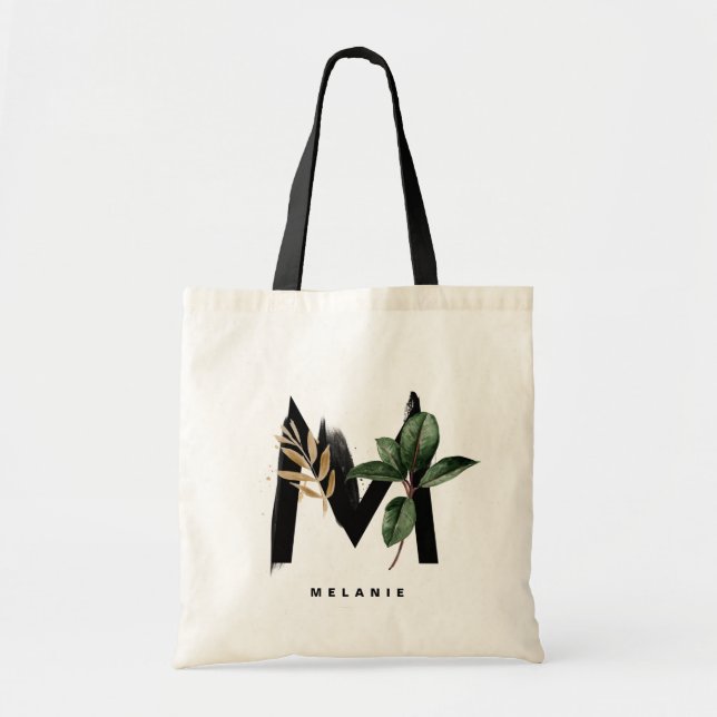 Tote Bag Monogramme lettre M | Demoiselle d'honneur feuille (Devant)