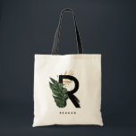 Tote Bag Monogramme Lettre R Feuilles de Palmier Tropical D<br><div class="desc">Sac cabas personnalisable avec monogramme lettre R, motif aquarelle de feuilles de palmier tropical, feuille de faux or et accents de pinceau à l'aquarelle noire. Personnalisez ce sac cabas à monogramme tropical en ajoutant votre nom ou d'autres détails. Ce sac à monogramme lettre R boho sera parfait comme cadeau. D'autres...</div>