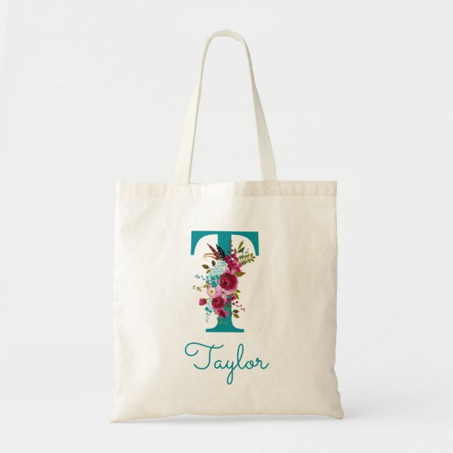 Tote Bag Monogramme lettre T écriture Floral Rose sarcelle (Devant)
