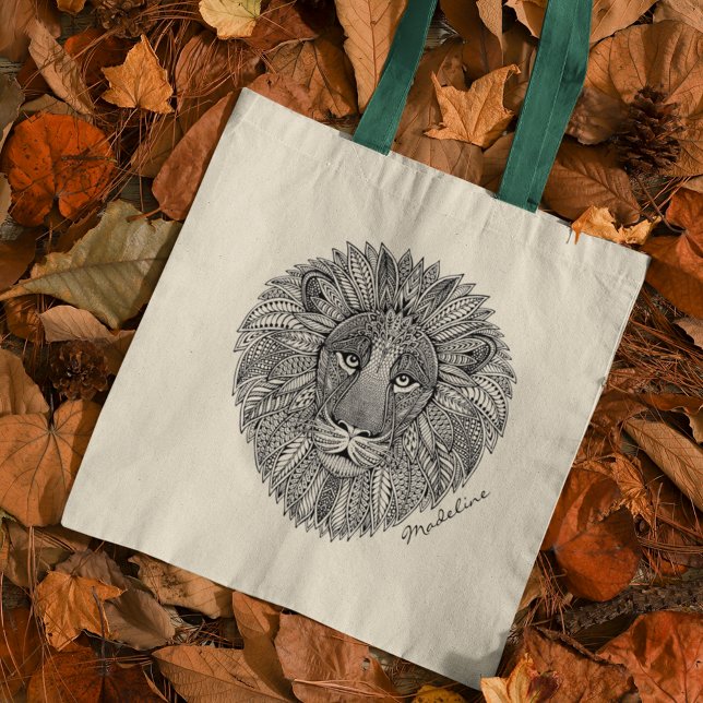 Tote Bag Monogramme Mandala de tête de lion couleur adulte (Créateur téléchargé)