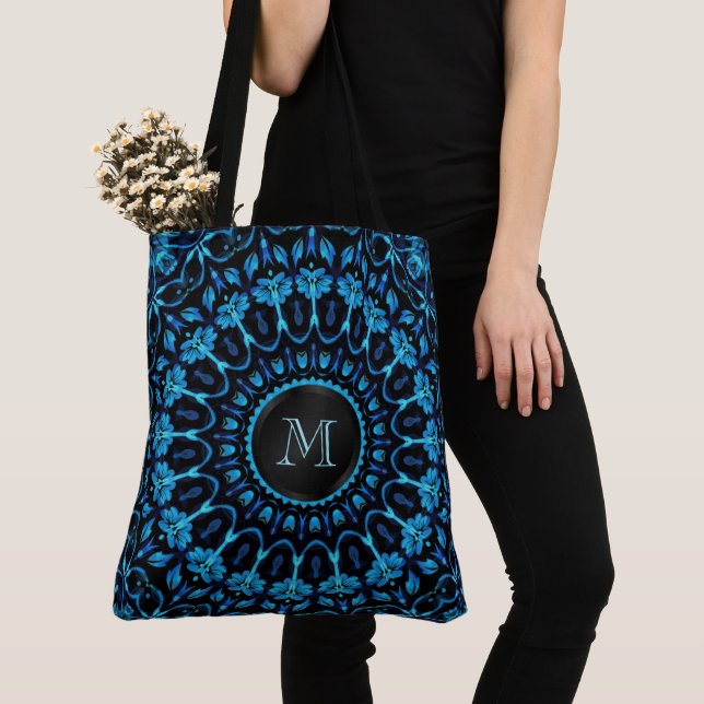 Tote Bag Monogramme Mandala Floral Bleu (De près)