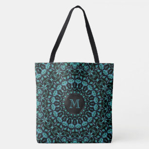 Tote Bag Monogramme Mandala Floral Sarcelle