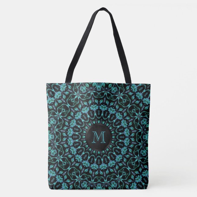 Tote Bag Monogramme Mandala Floral Sarcelle (Devant)
