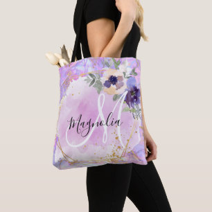 Tote Bag Monogramme Marbre Arc-en-ciel Violet, Rose & Or