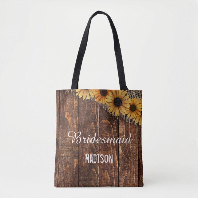 Tote Bag Monogramme Mariage de tournesol en bois rustique e (Devant)