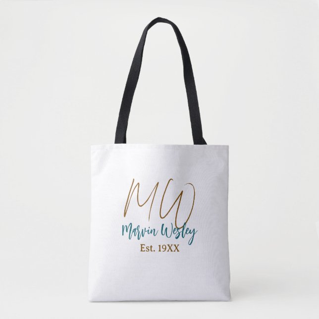 Tote Bag Monogramme marron bleu turquoise année simple mini (Devant)