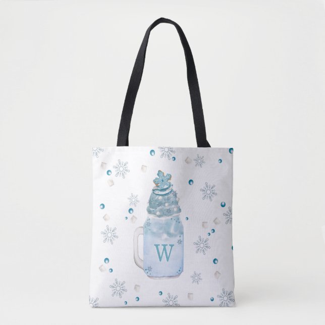 Tote Bag Monogramme Mason Jar Milkshake Blue Snowflake (Devant)