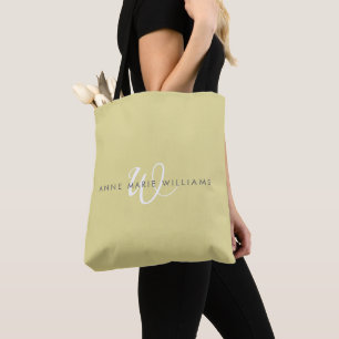 Tote Bag Monogramme minimaliste Chartreuse Blanc Script
