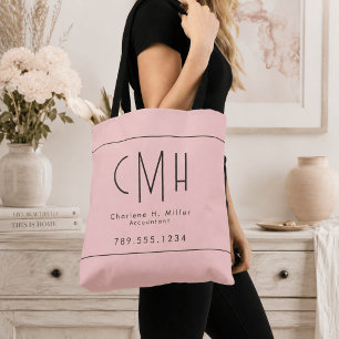 Tote Bag Monogramme Minimaliste Rose Pâle Moderne Professio