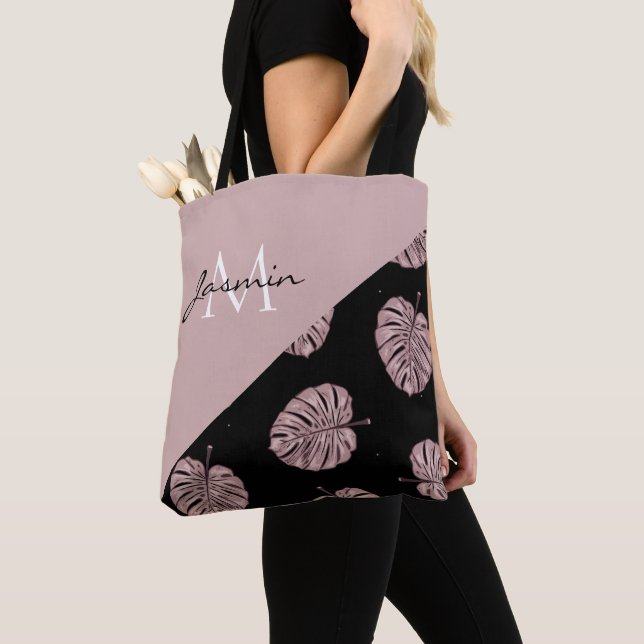 Tote Bag Monogramme Moderne à Feuille Tropicale Rose Pâle (De près)