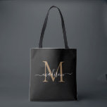 Tote Bag Monogramme moderne Black Gold Girinine Script fémi<br><div class="desc">Monogramme d'or noir moderne Girly Feminine Script Nom Sac fourre-tout initial</div>