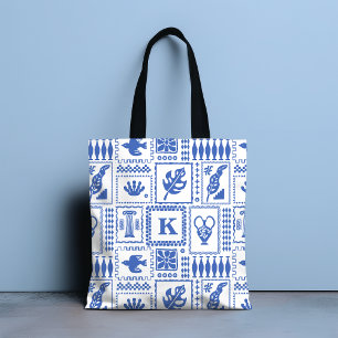 Tote Bag Monogramme Moderne Bleu Blanc Abstrait Motif
