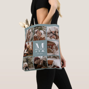 Tote Bag Monogramme moderne & Collage photo Sage personnali