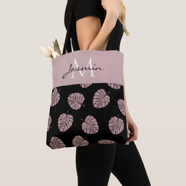 Tote Bag Monogramme Moderne de Feuille Tropicale Rose Pâle (De près)