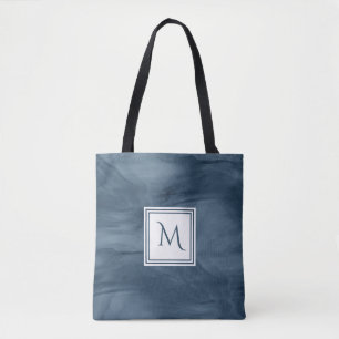 Tote Bag Monogramme moderne de marbre subtil simple de bleu
