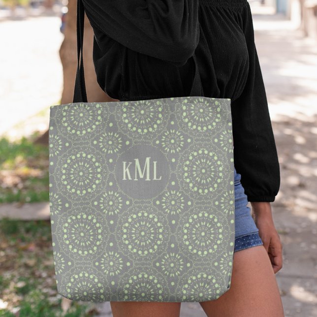 Tote Bag Monogramme Moderne Design Vert et Gris (Créateur téléchargé)