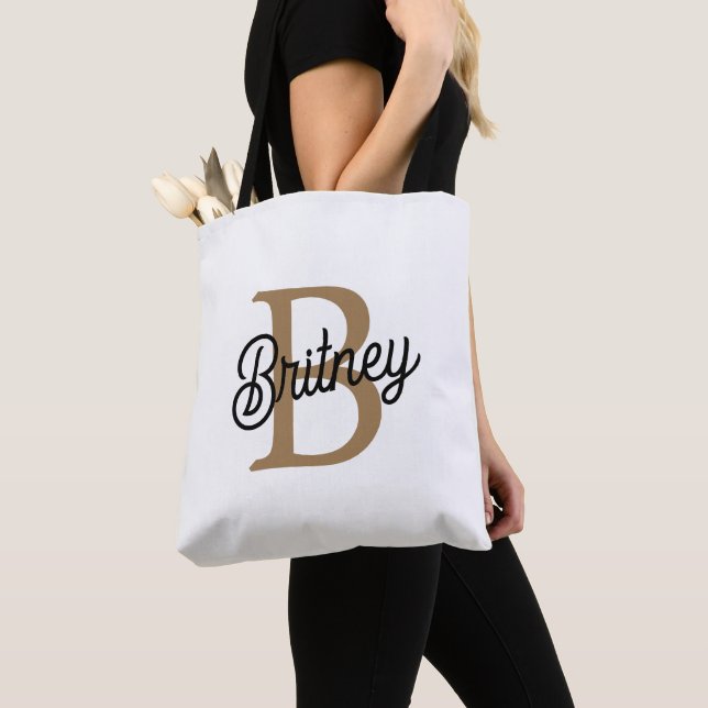 Tote Bag Monogramme moderne élégant Nom Black Gold Script (De près)